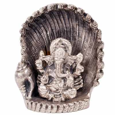 White Metal Antique Lord Ganesha on Naag Idol
