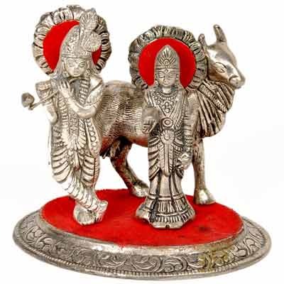 White Metal Lord Radha Krishna Idol with Cow