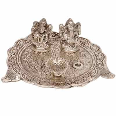 White Metal Lord Laxmi Ganesh with Dia Thali