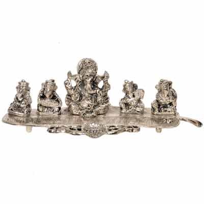 Ganesha on Banana Leaf White Metal Pooja Idol