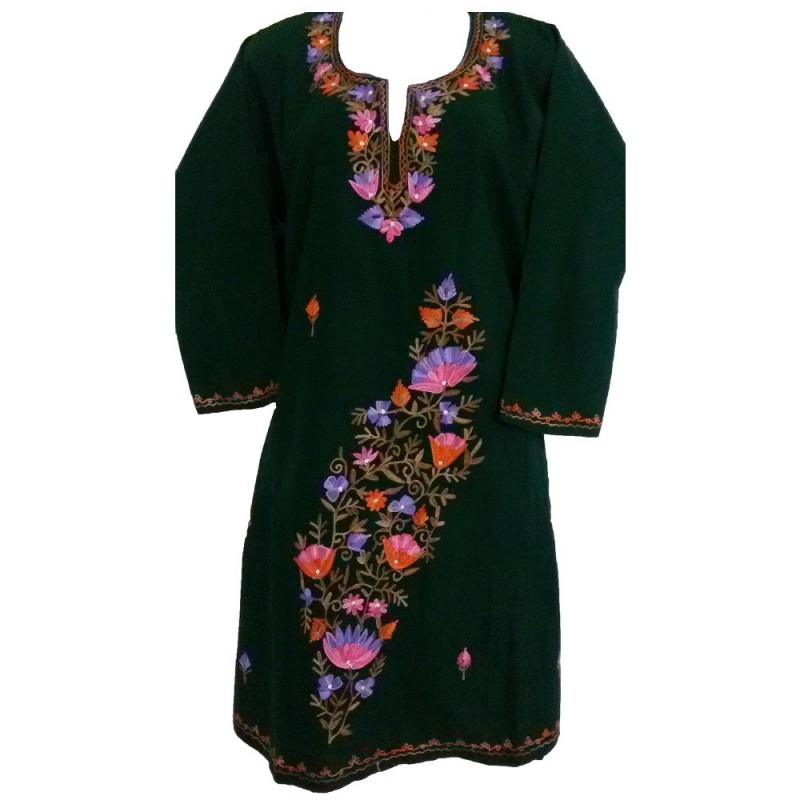 Kashmiri Pheran Dress- Bottle Green Inaya With Aari Embroidery - Gyawun